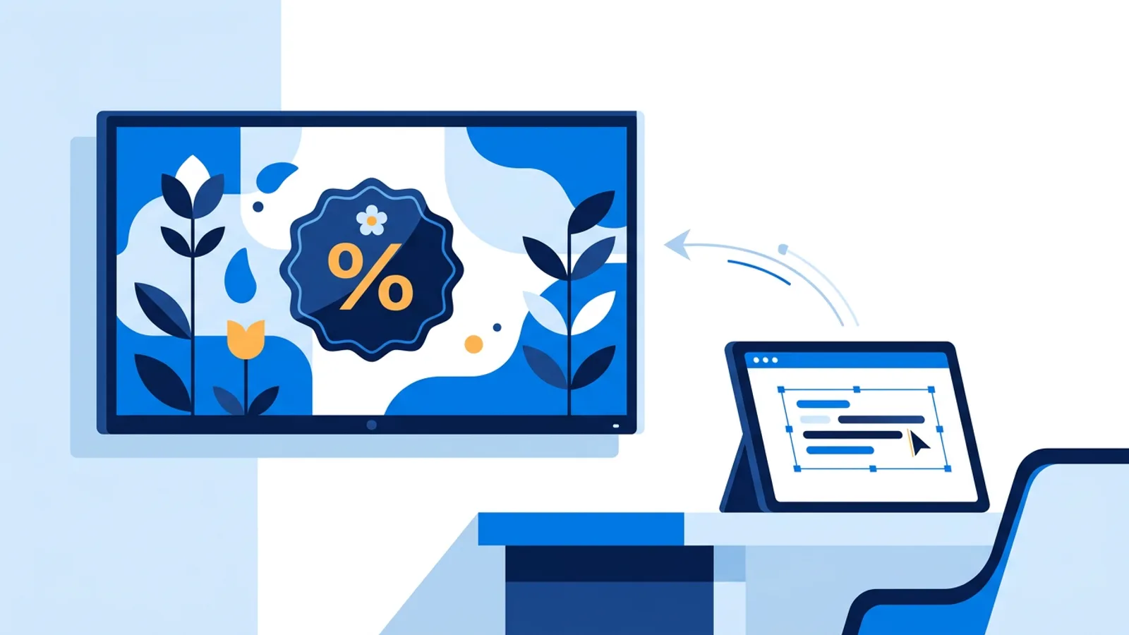 A television on a wall showing a designed spring sale promo screen, with a laptop nearby displaying the content generation dashboard.