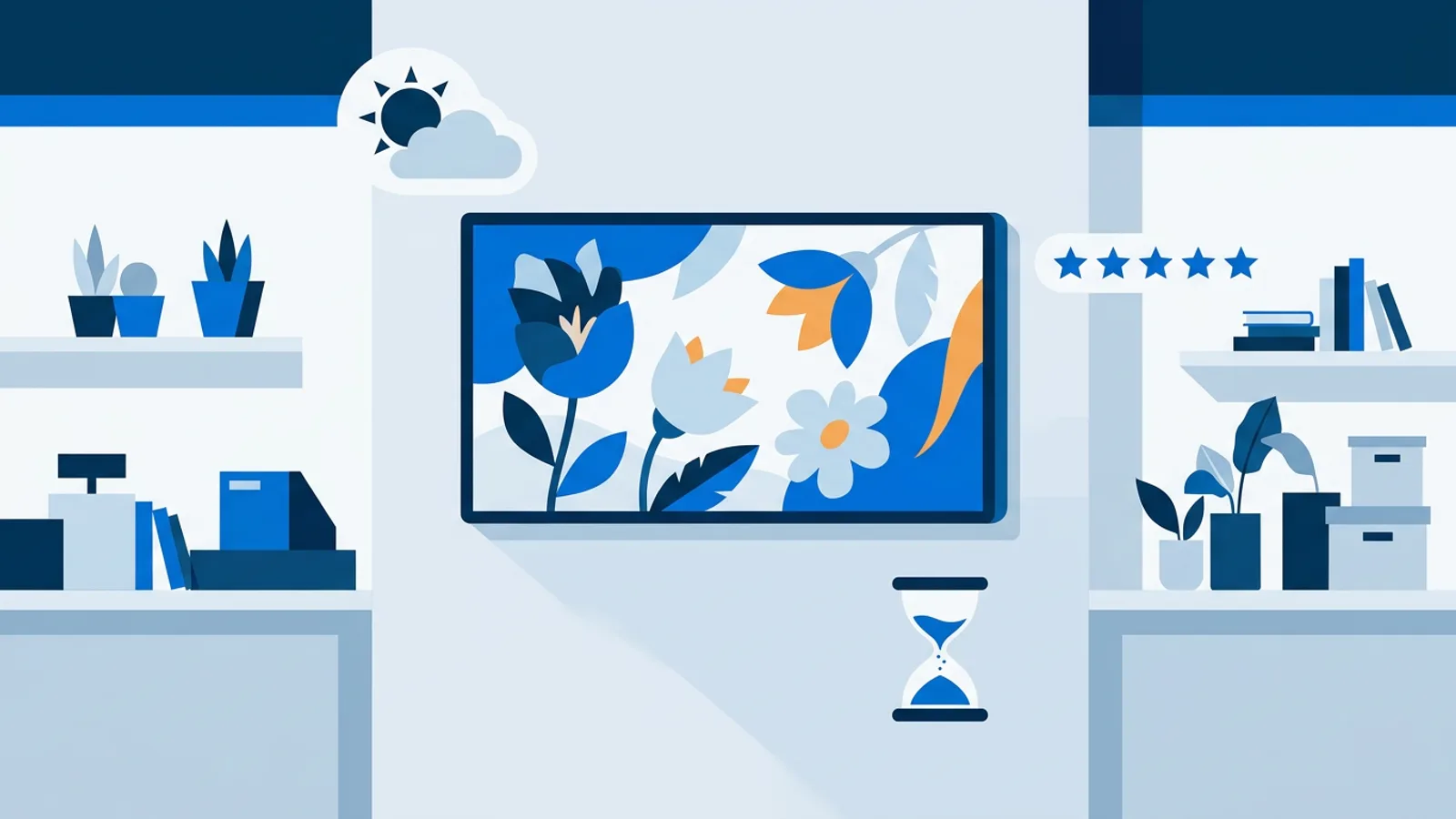 Illustration of a small shop wall screen showing a colorful promotional slide surrounded by icons for weather, reviews and a countdown timer.