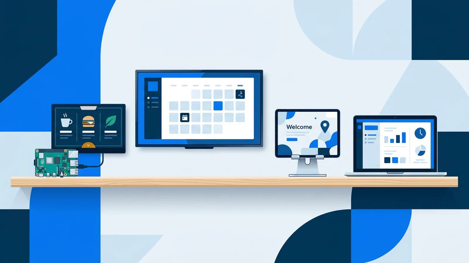 Illustration of a Raspberry Pi, a wall-mounted TV, a tablet, and a laptop each showing different digital signage screens side by side.