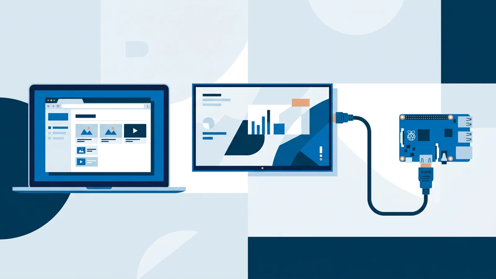 Illustration comparing a browser window on one device and a Raspberry Pi board connected to a TV as two ways to run digital signage.