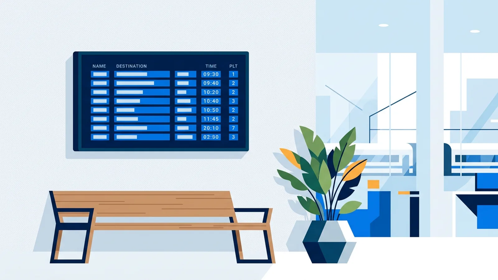 A digital departure board on a lobby TV screen showing train destinations, departure times and platform numbers.