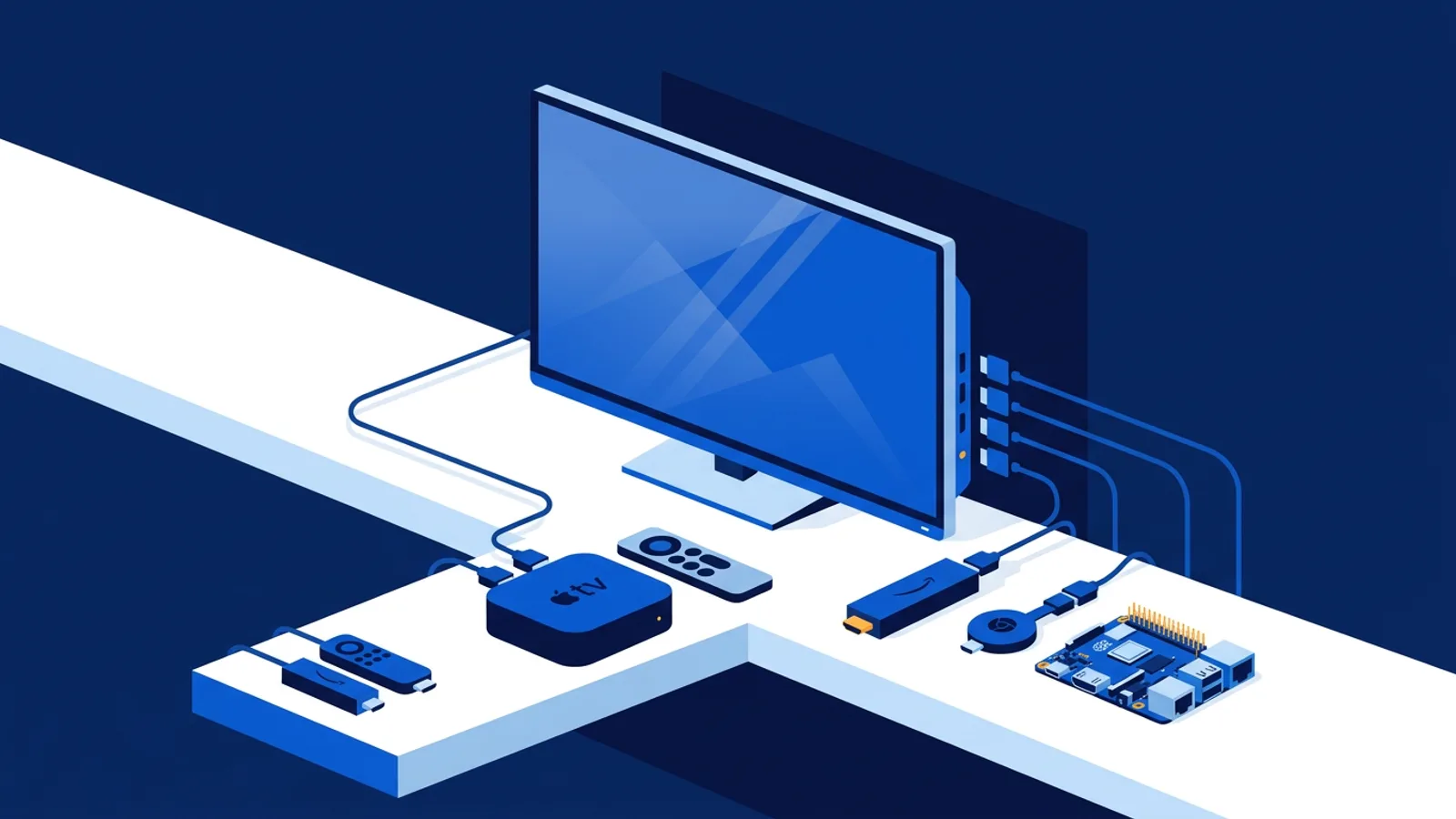 An Apple TV box and remote next to a television, with a Fire TV Stick, a Chromecast dongle and a Raspberry Pi board sitting nearby near the HDMI ports.