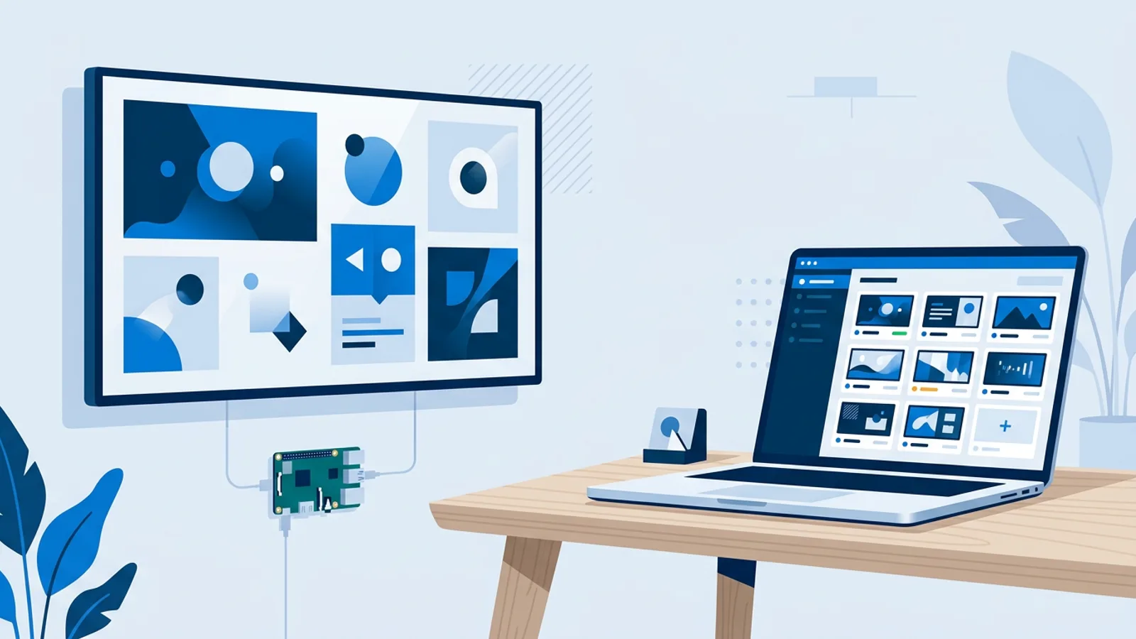 Illustration of a mounted TV connected to a small media player, with a laptop dashboard showing remote screen monitoring.