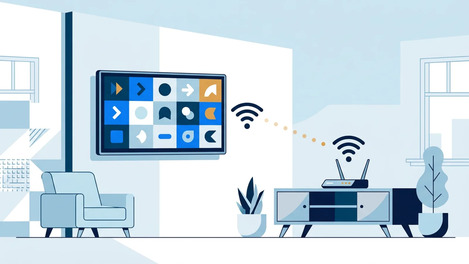 Illustration of a wall-mounted TV showing digital signage content with a wifi signal connecting it to a router across the room.