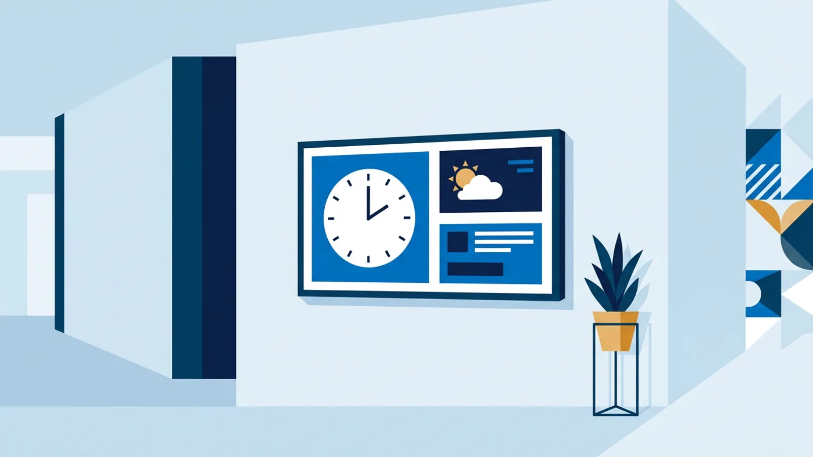 A wall-mounted screen in an office lobby displaying a simple, high-contrast digital signage layout with a clock and weather icon.