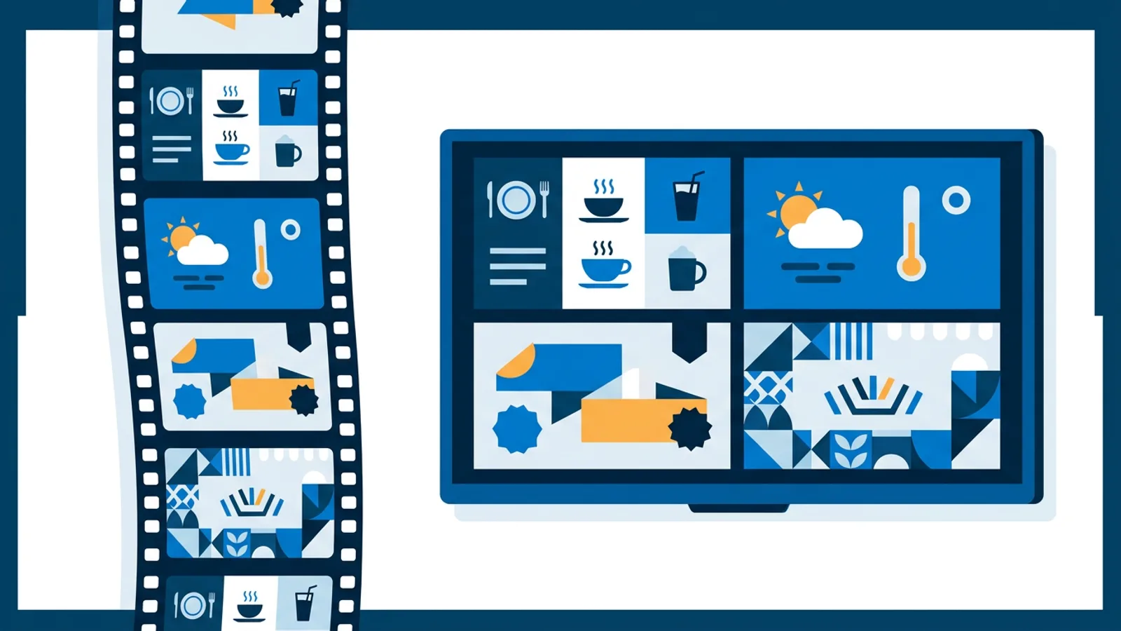 A TV screen showing digital signage content next to a filmstrip of different slide types like a menu, weather widget, and promo banner.