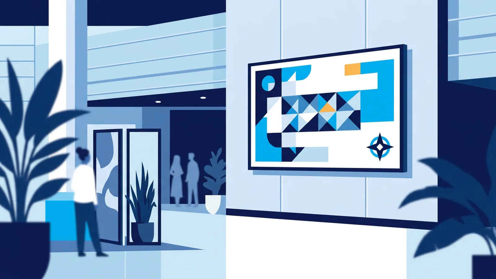 A digital signage screen on a wall displaying large, high-contrast text, viewed from across a lobby to illustrate readability at distance.