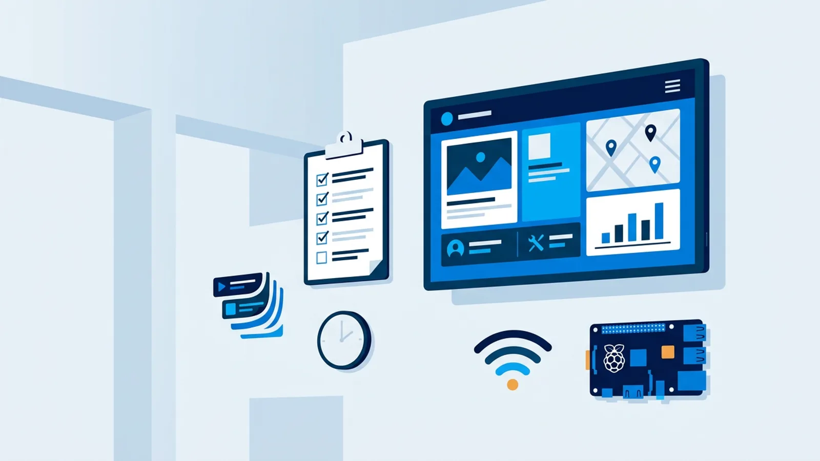 Illustration of a checklist next to a TV displaying digital signage content, with icons for scheduling, wifi connectivity, and a small computer board.