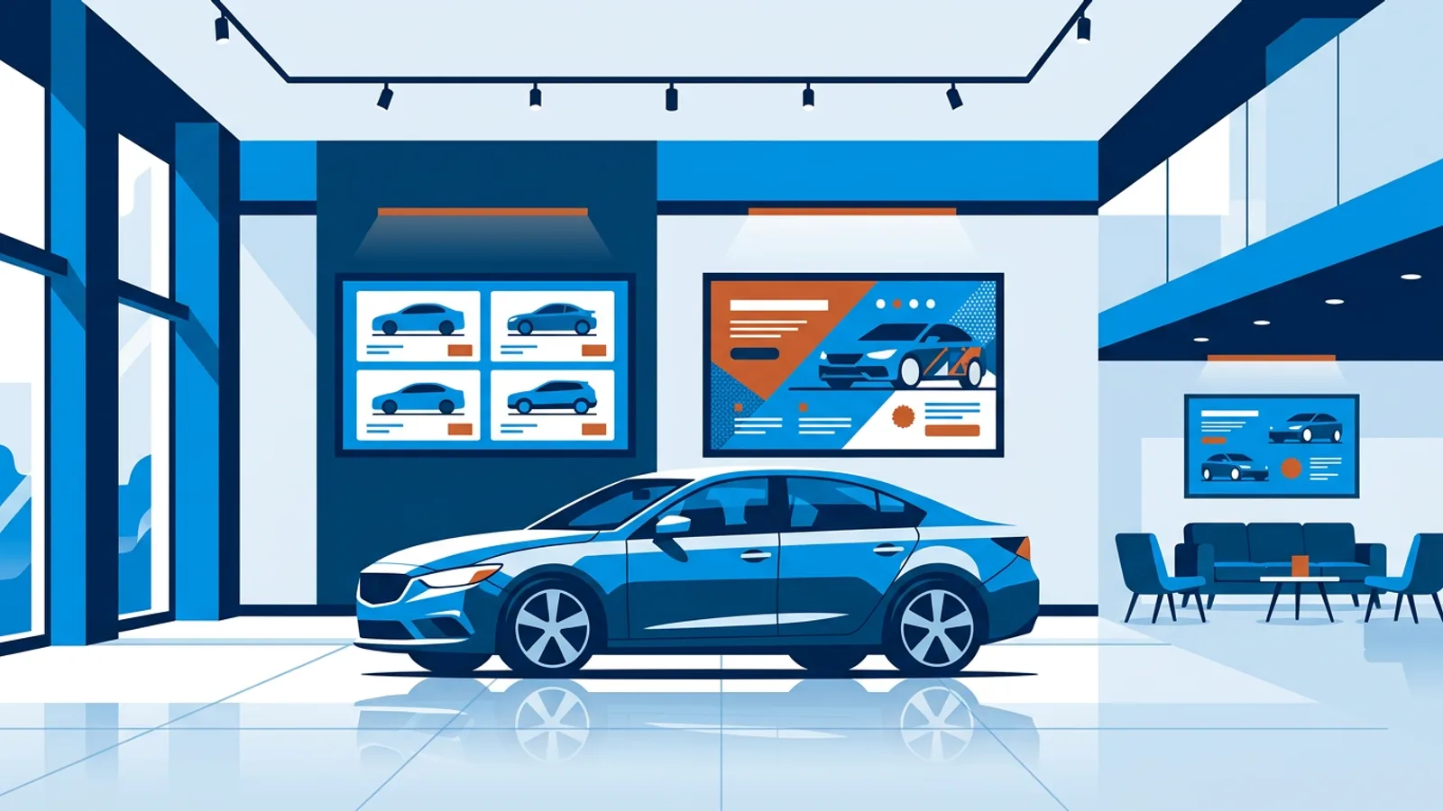 Car dealership showroom with a parked sedan and wall-mounted screens showing car listings and a promotion.