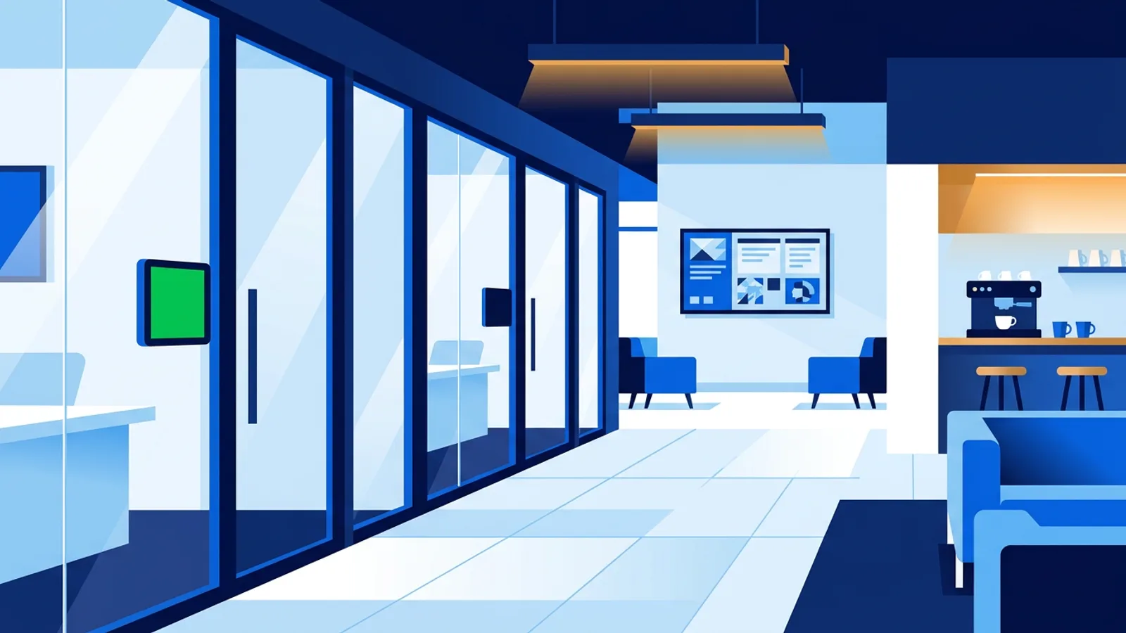 Illustration of a coworking corridor with a green meeting room door panel and a community TV in the lounge behind it.