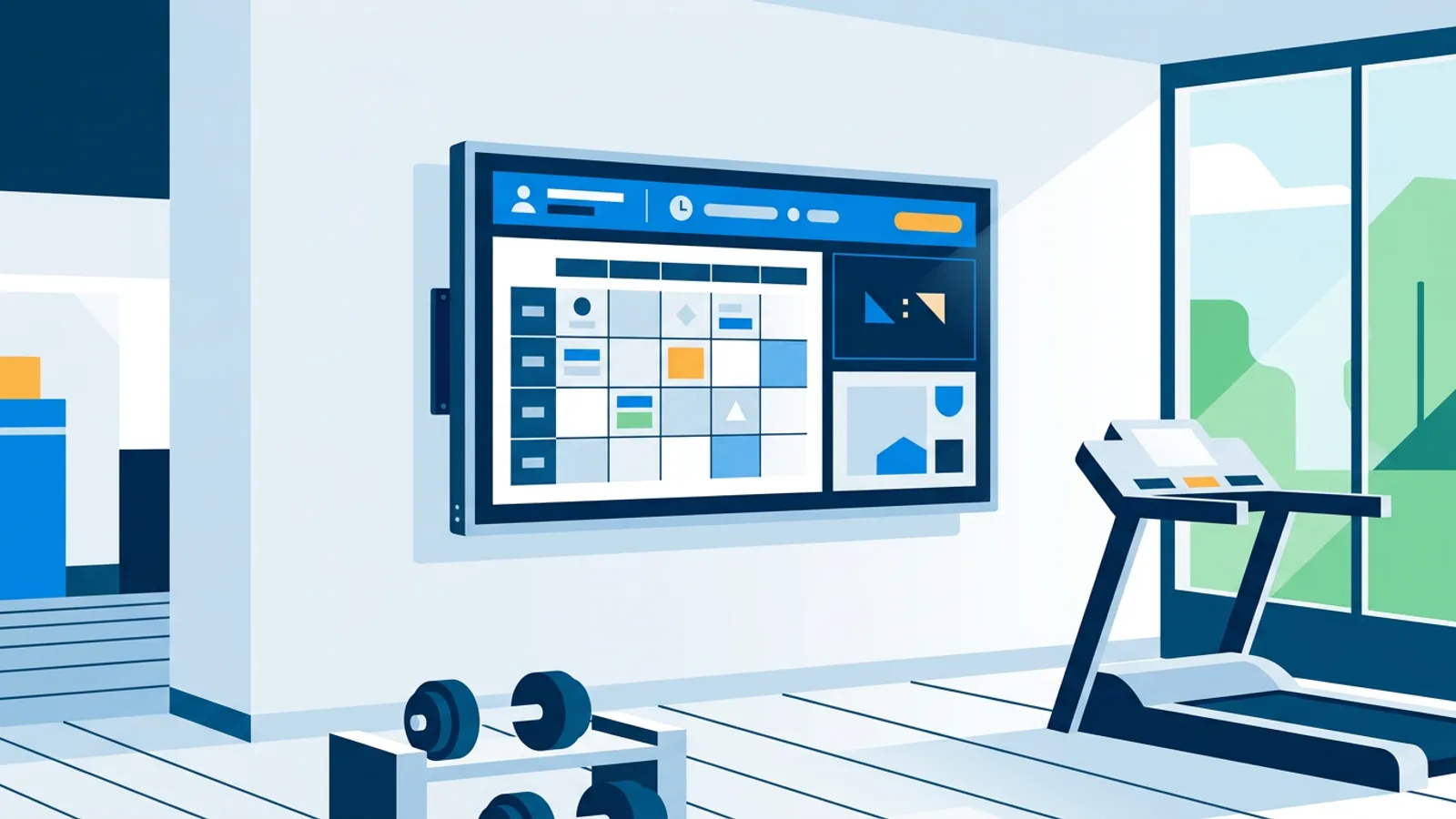 A gym wall-mounted screen displaying a class schedule, countdown timer and promotional slide above workout equipment.