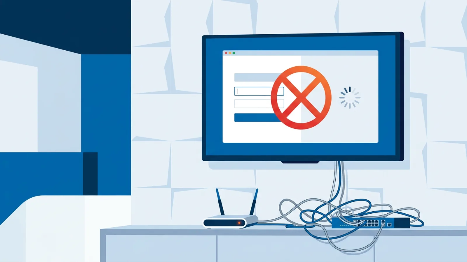 A lobby TV stuck on a Wi-Fi login page next to a router, illustrating a digital signage captive portal problem.