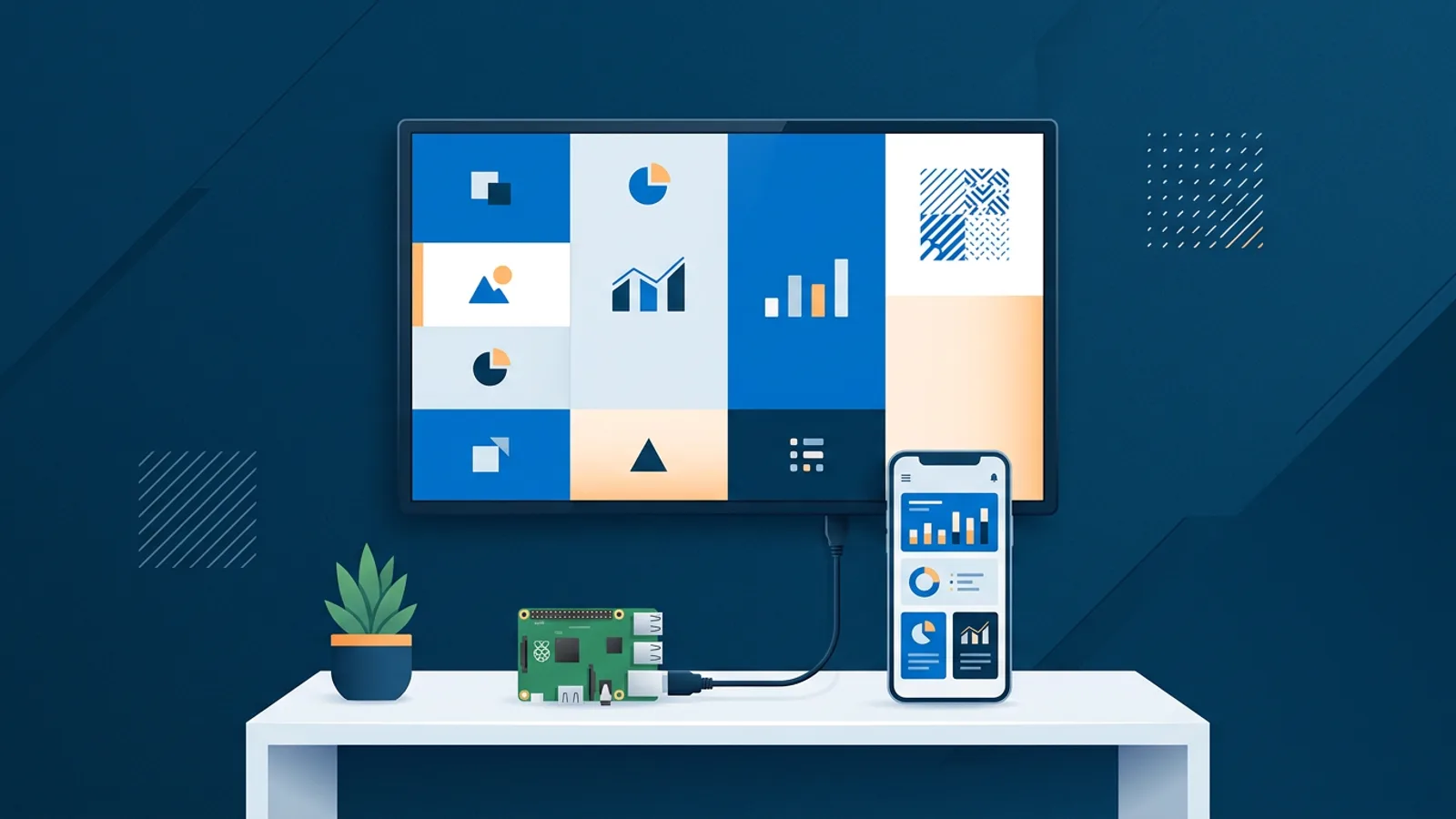 A wall-mounted TV showing a digital signage screen with a Raspberry Pi board and phone nearby.