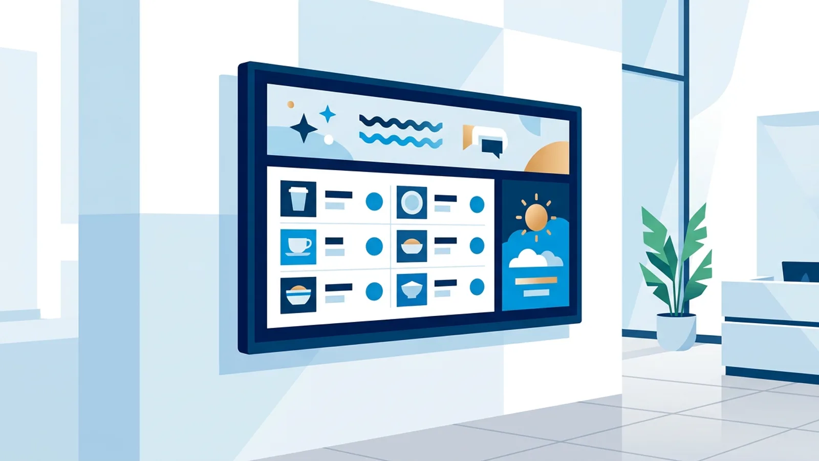 Wall-mounted TV showing a digital signage layout in a bright office lobby