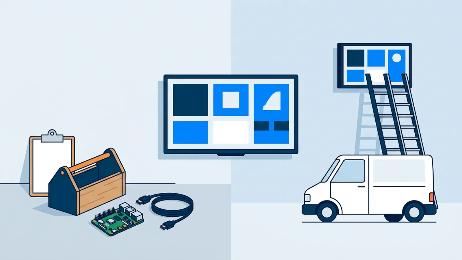 Illustration contrasting a self-installed Raspberry Pi signage setup with a professionally installed managed signage screen.