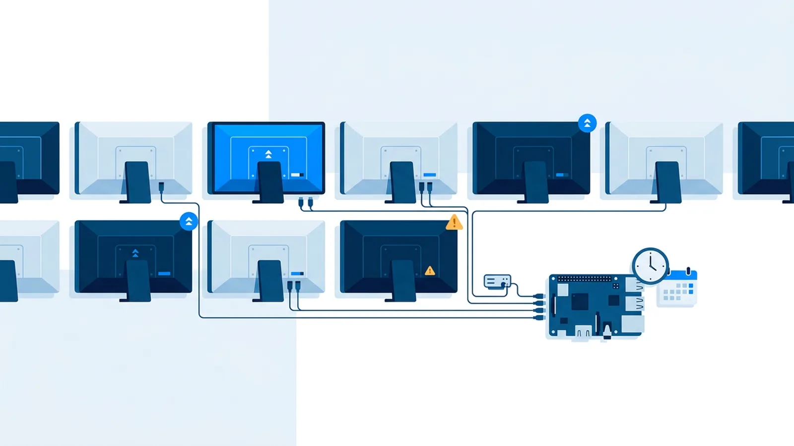 Illustration of a dashboard monitoring several digital signage screens, showing online and offline status alongside a small Raspberry Pi player and scheduling icons.