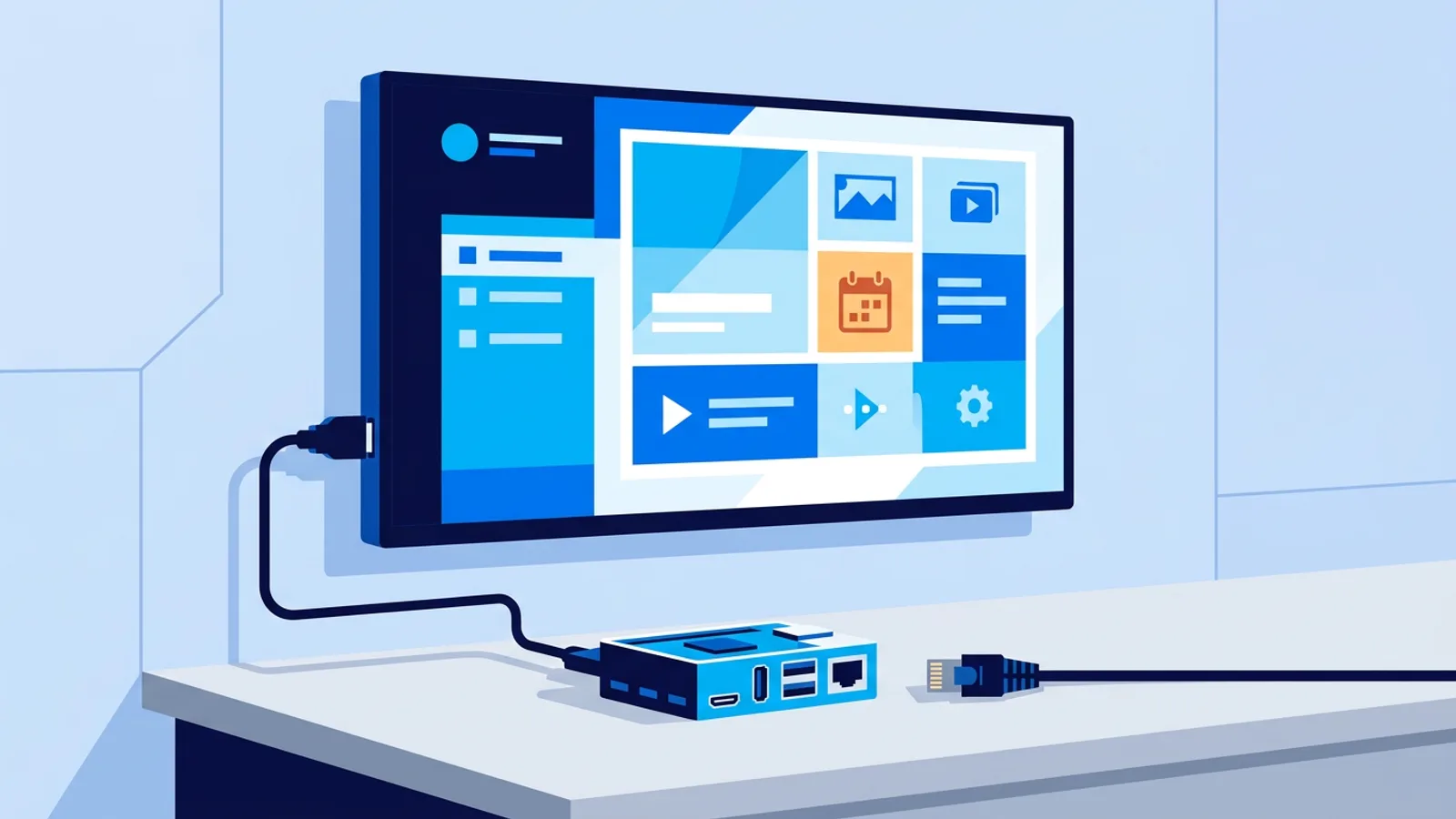 A small media player box connected to a TV, with a disconnected network cable lying nearby while the screen keeps displaying content.