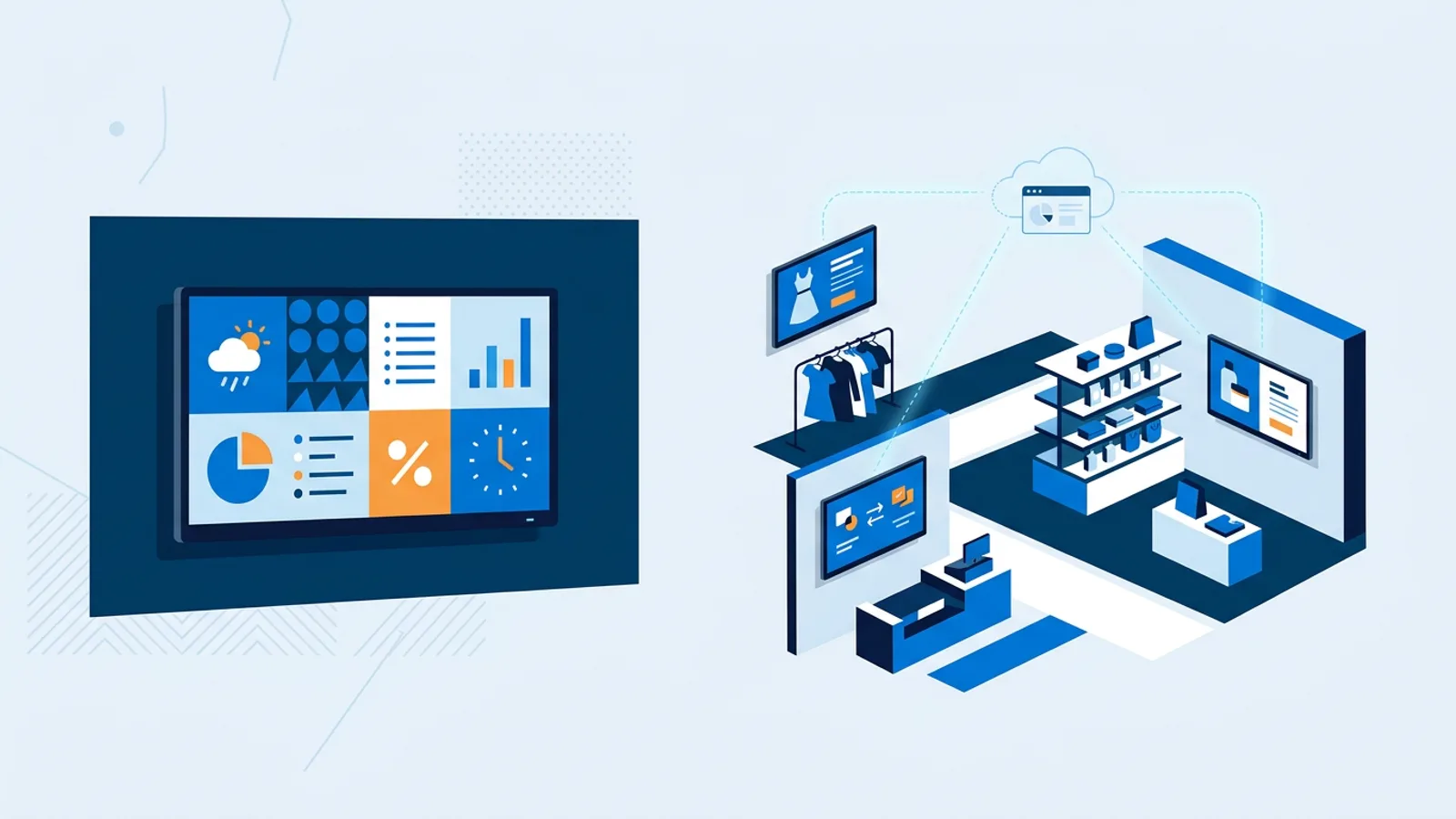 Illustration comparing a single digital signage screen against a small network of multiple screens in different areas of a business.