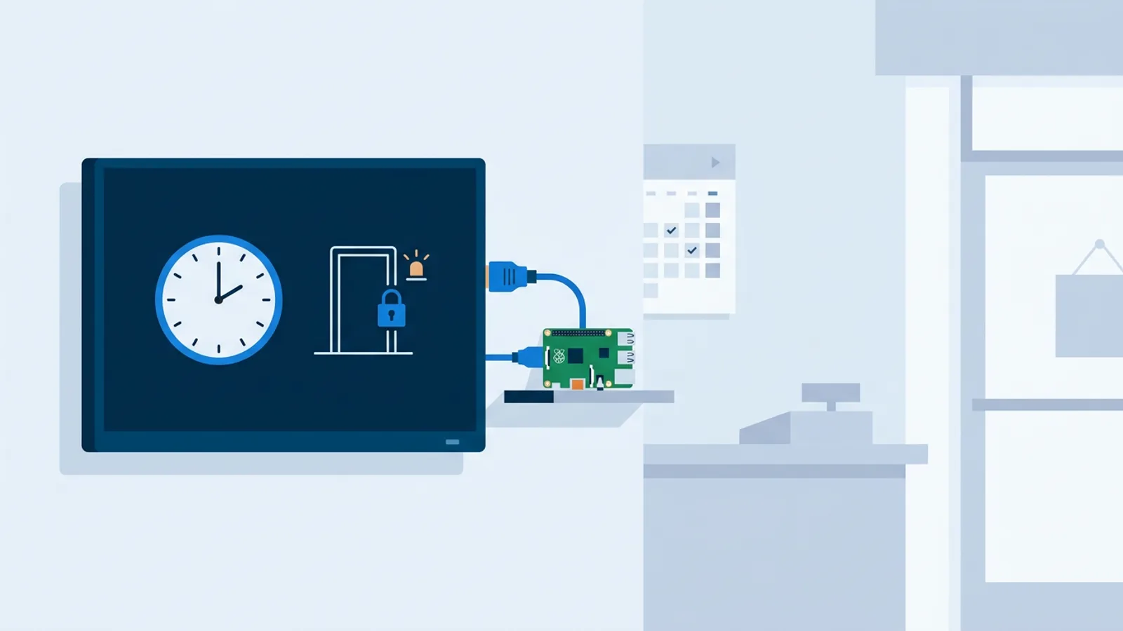 Illustration of a TV connected to a small Raspberry Pi board with a clock and open sign motif, representing an automatic opening-hours power schedule.
