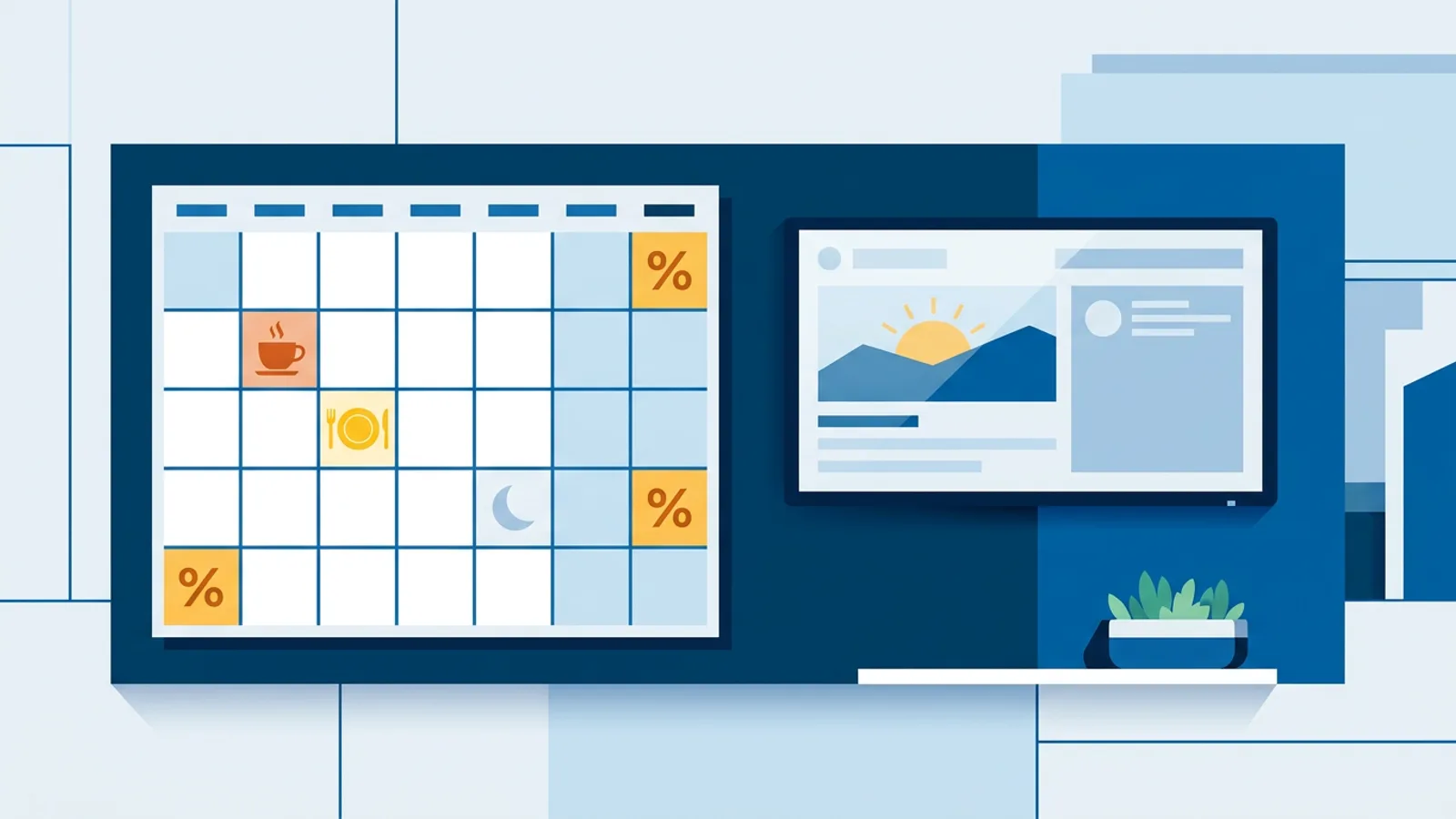 Illustration of a calendar with different content icons on different days next to a digital signage screen.