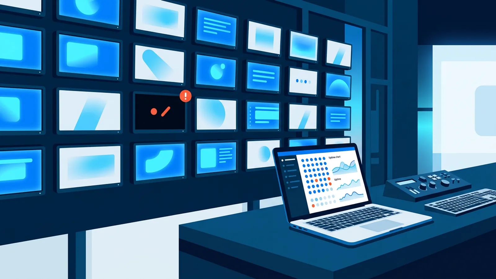 Illustration of a grid of TV screens with one screen dark next to a laptop showing a signage monitoring dashboard with status indicators.
