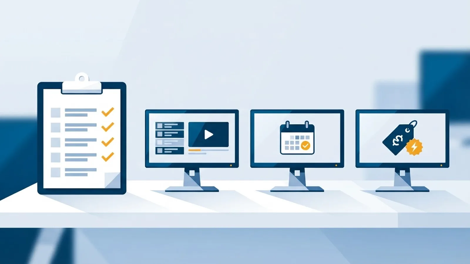 Illustration of a checklist next to several TV screens displaying different digital signage content types being compared.