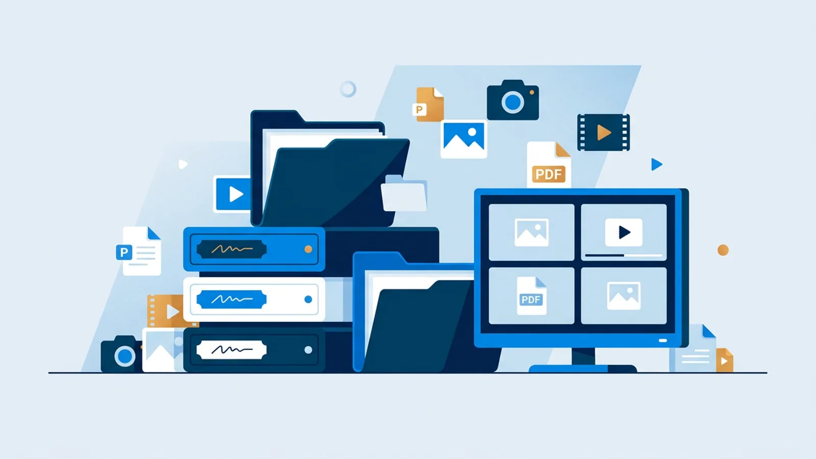 Illustration of storage drives and media file icons arranged next to a TV displaying a digital signage playlist.