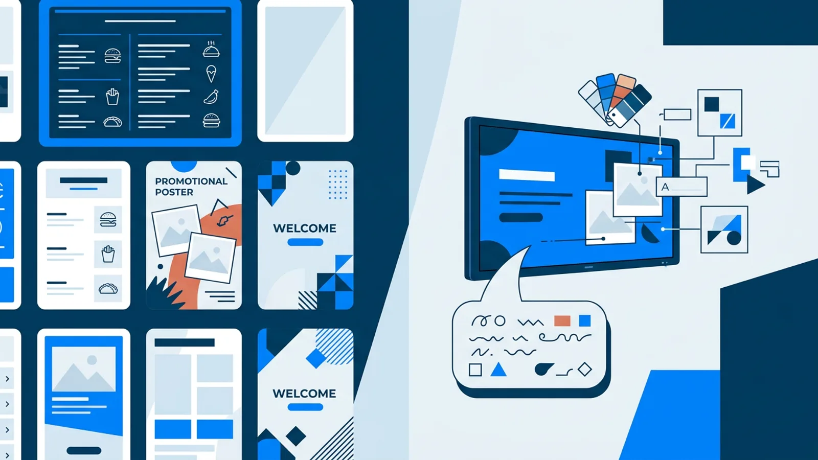 Illustration comparing a grid of pre-built digital signage templates on one side with an AI-generated signage design being assembled on a TV screen on the other.