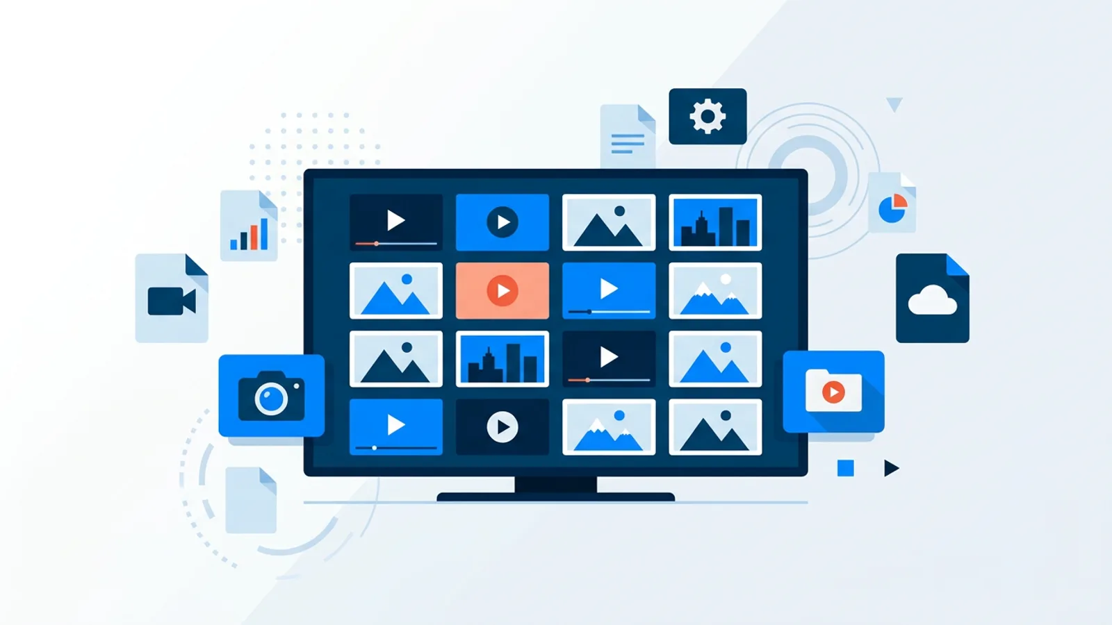 Illustration of a television screen showing a grid of video and photo thumbnails with file format icons floating around it.
