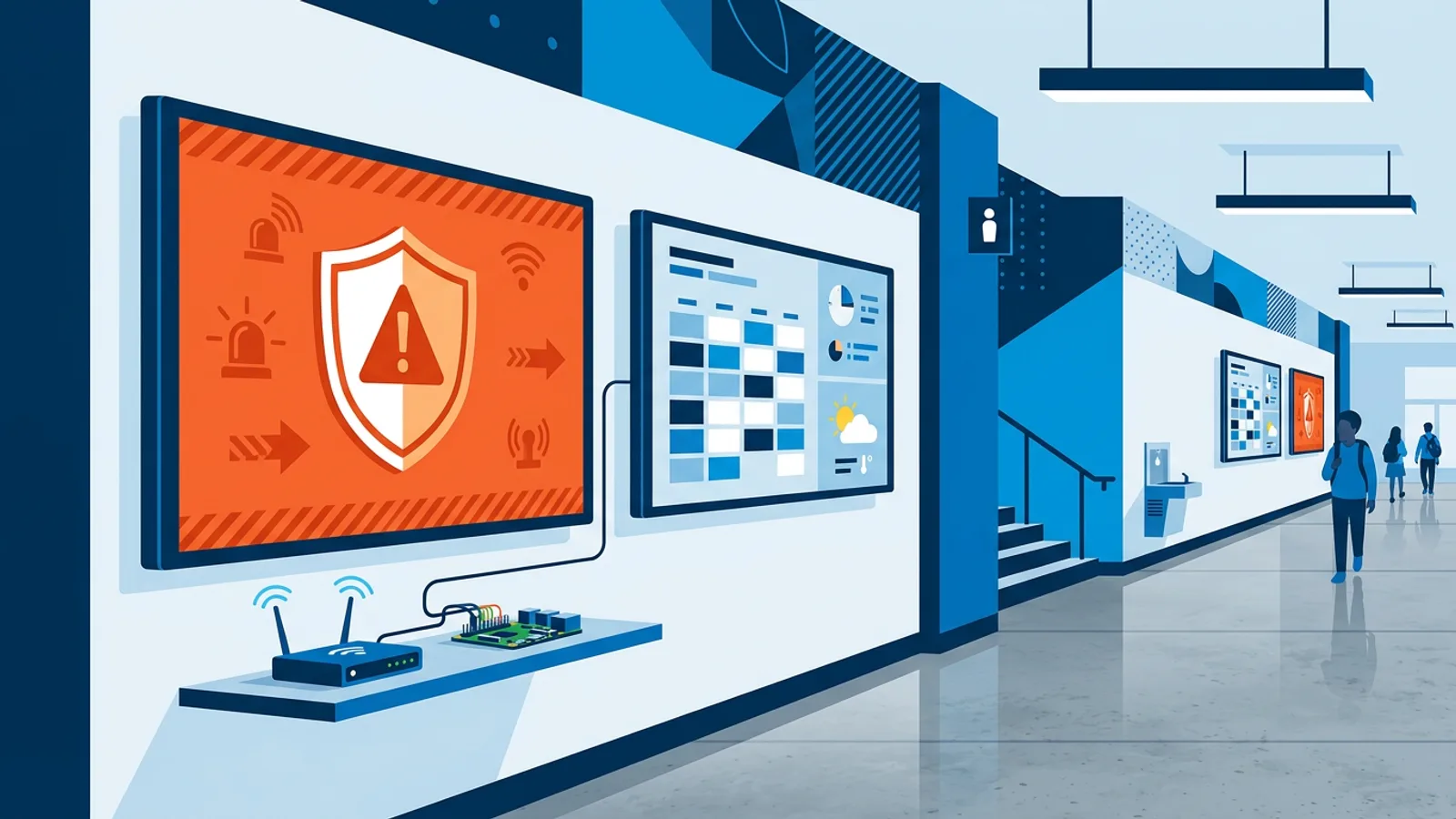 Hallway with wall-mounted screens, some showing a full-screen alert icon while others show their normal schedule.