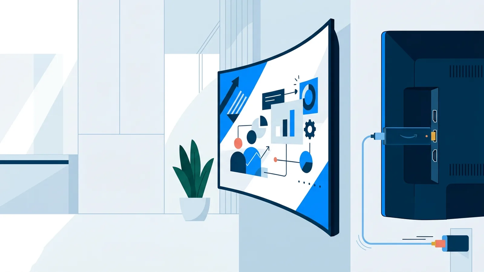 A Fire TV Stick connected to the back of a wall-mounted TV displaying a full-screen digital signage graphic.