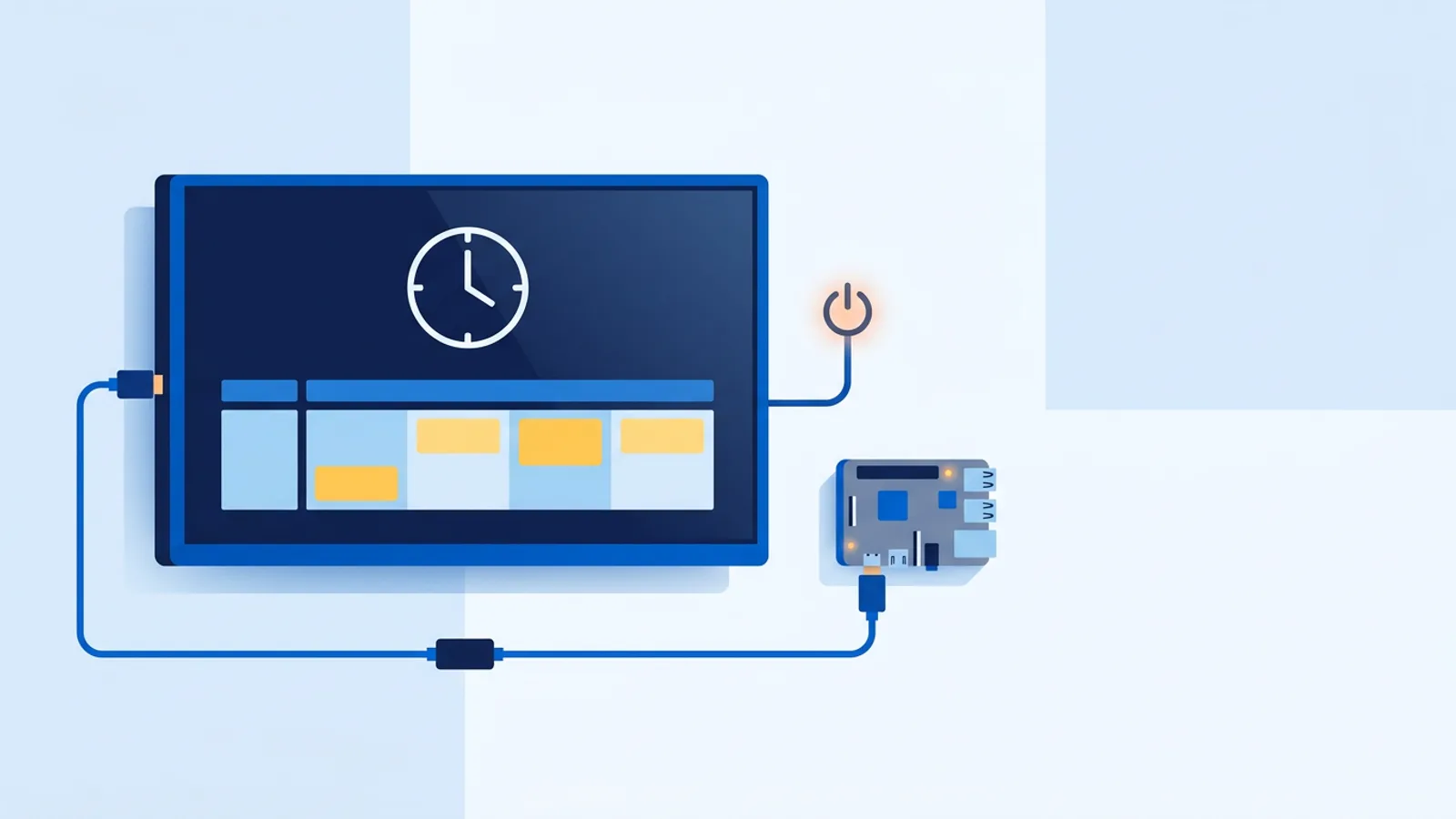 A TV connected via HDMI cable to a small computer board, illustrating automated power scheduling for a digital sign.