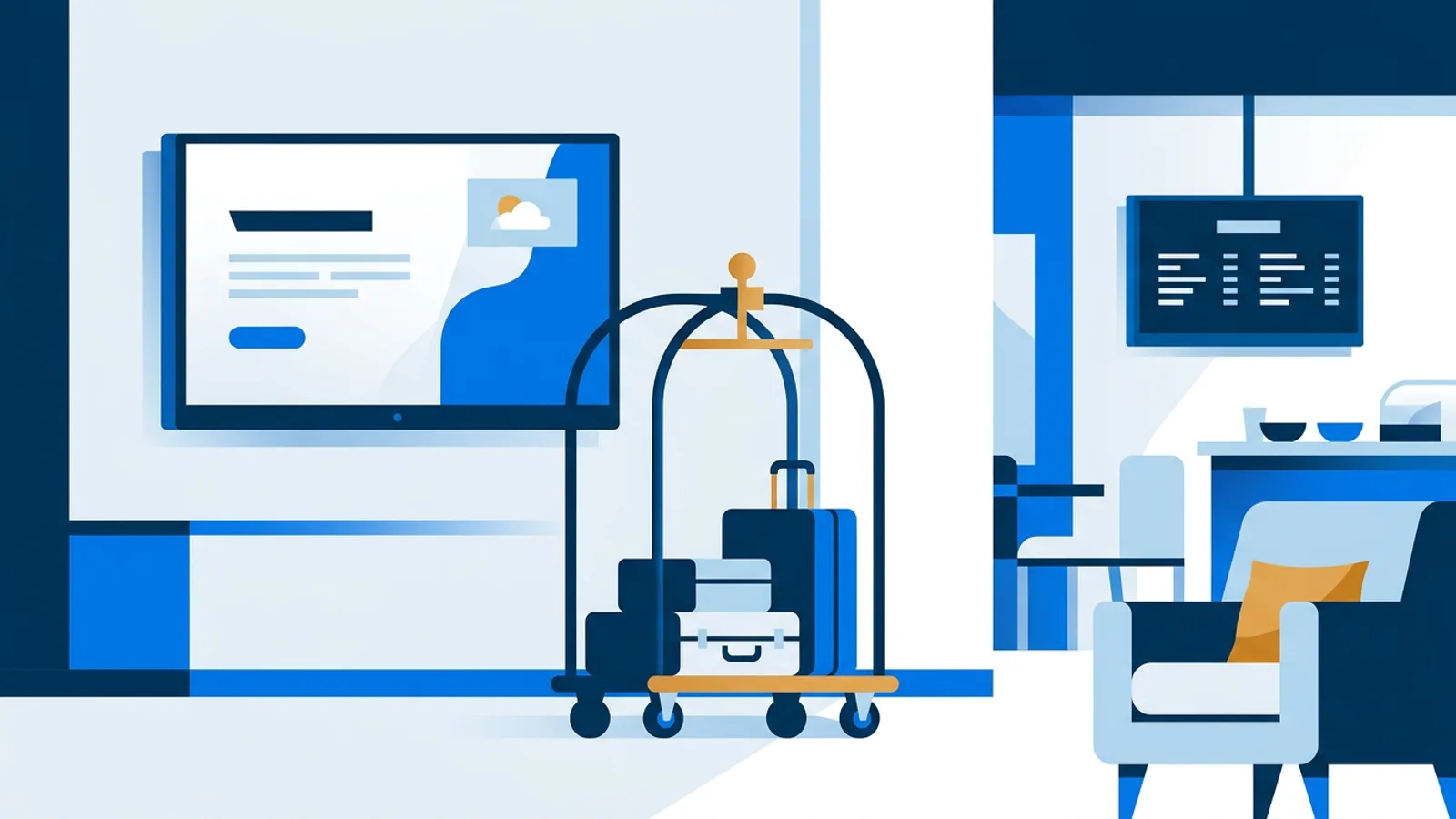 Illustration of a hotel lobby with a wall-mounted television displaying a welcome screen and a weather widget.