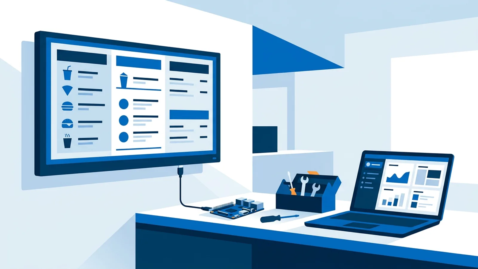 Illustration of a Raspberry Pi and toolbox next to a wall-mounted TV showing a menu board, representing a signage installer setting up a client screen.