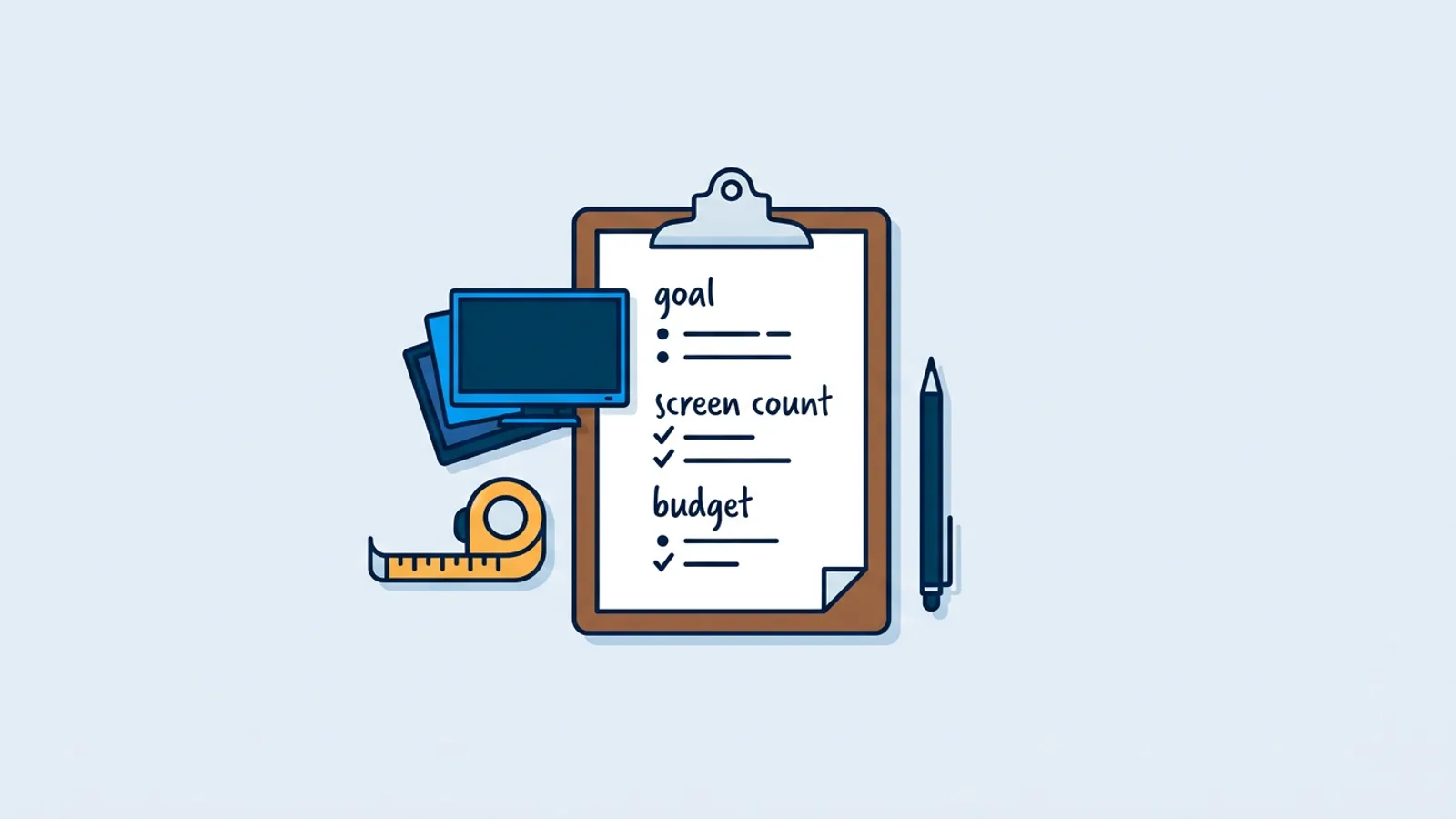 A checklist on a clipboard next to icons representing screens and a budget, symbolizing the planning phase of a digital signage project.