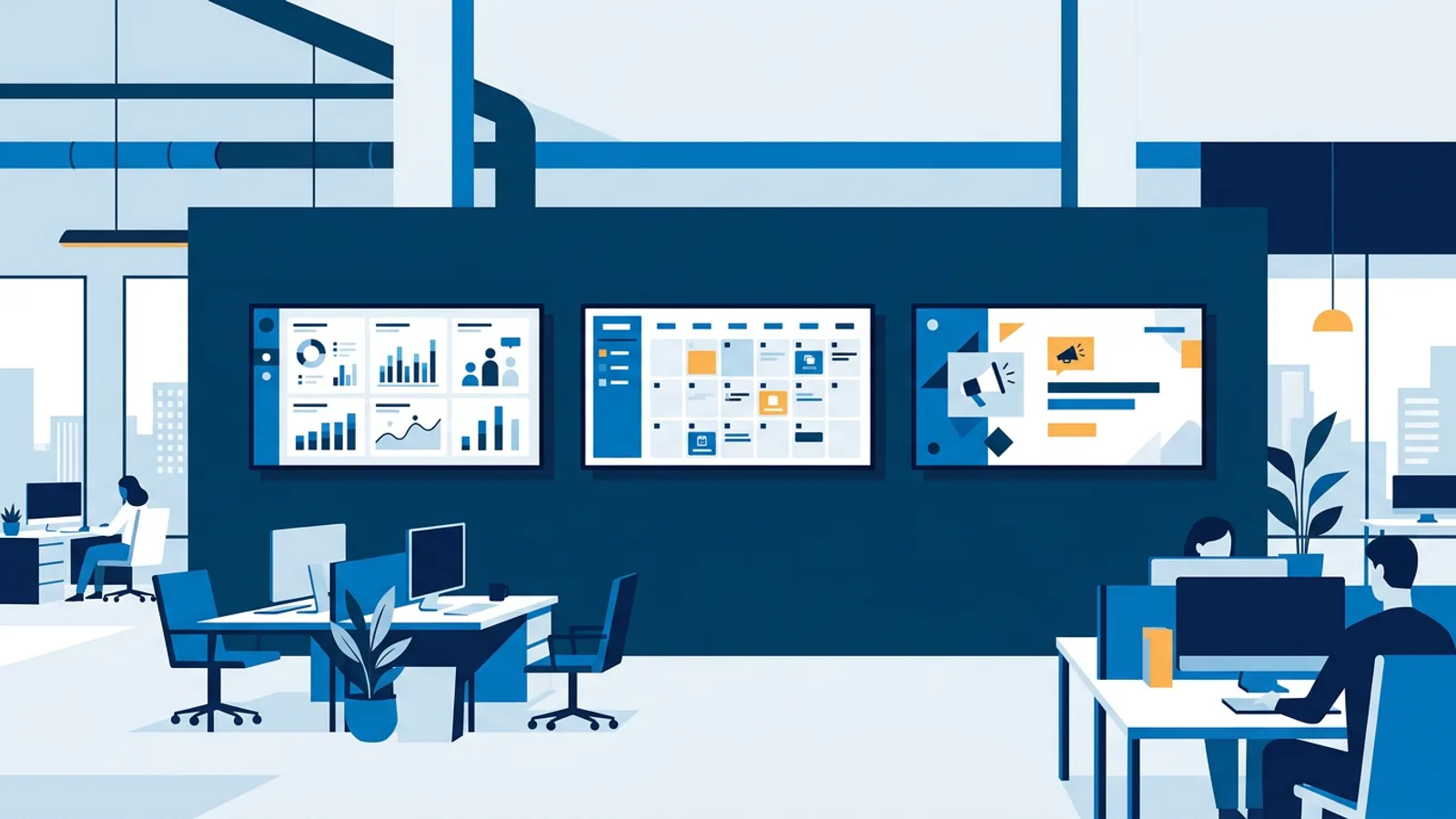 Three office wall-mounted TVs displaying a data dashboard, a calendar, and an internal announcement slide.