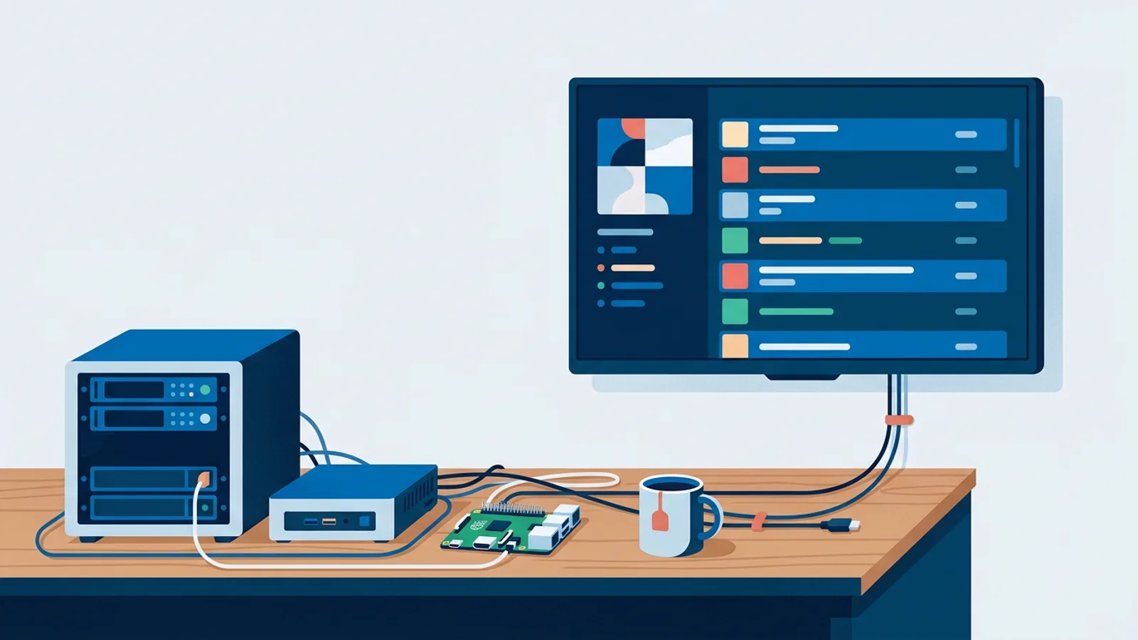 A small server, a Raspberry Pi board, and a wall-mounted TV representing a self-hosted digital signage setup.