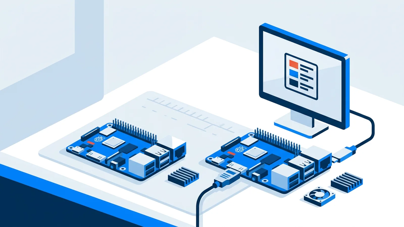 Illustration comparing two Raspberry Pi boards on a desk, one with a heatsink and fan, both wired to a screen displaying signage content.