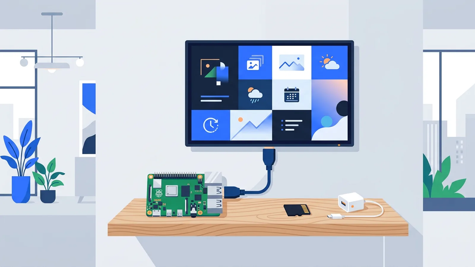 A Raspberry Pi board wired to a wall-mounted TV showing a digital signage playlist, with an SD card and power adapter nearby.