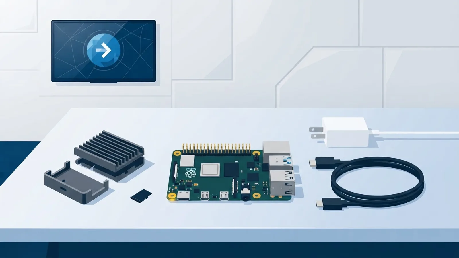 A Raspberry Pi board surrounded by a microSD card, power adapter, cooling case, and HDMI cable arranged for a digital signage build.