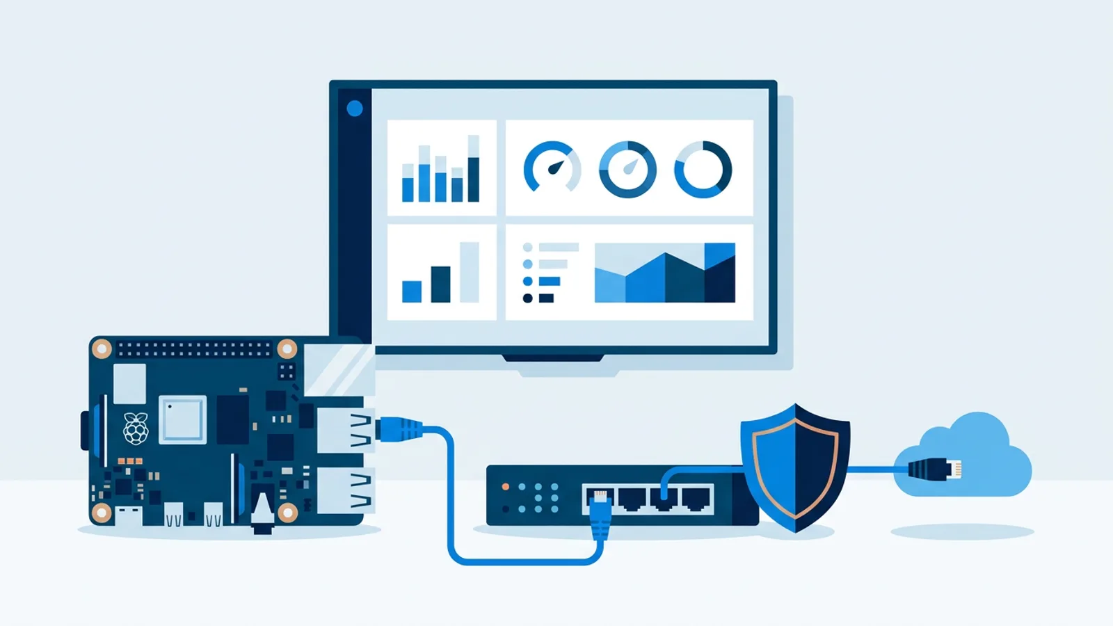 Illustration of a Raspberry Pi wired to a network switch, a wall-mounted TV display and a firewall shield guarding the connection to a cloud.