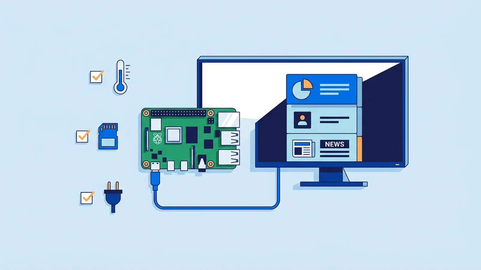 Illustration of a Raspberry Pi connected to a TV showing a signage playlist, surrounded by icons for temperature, SD card, and power supply representing common troubleshooting checks.