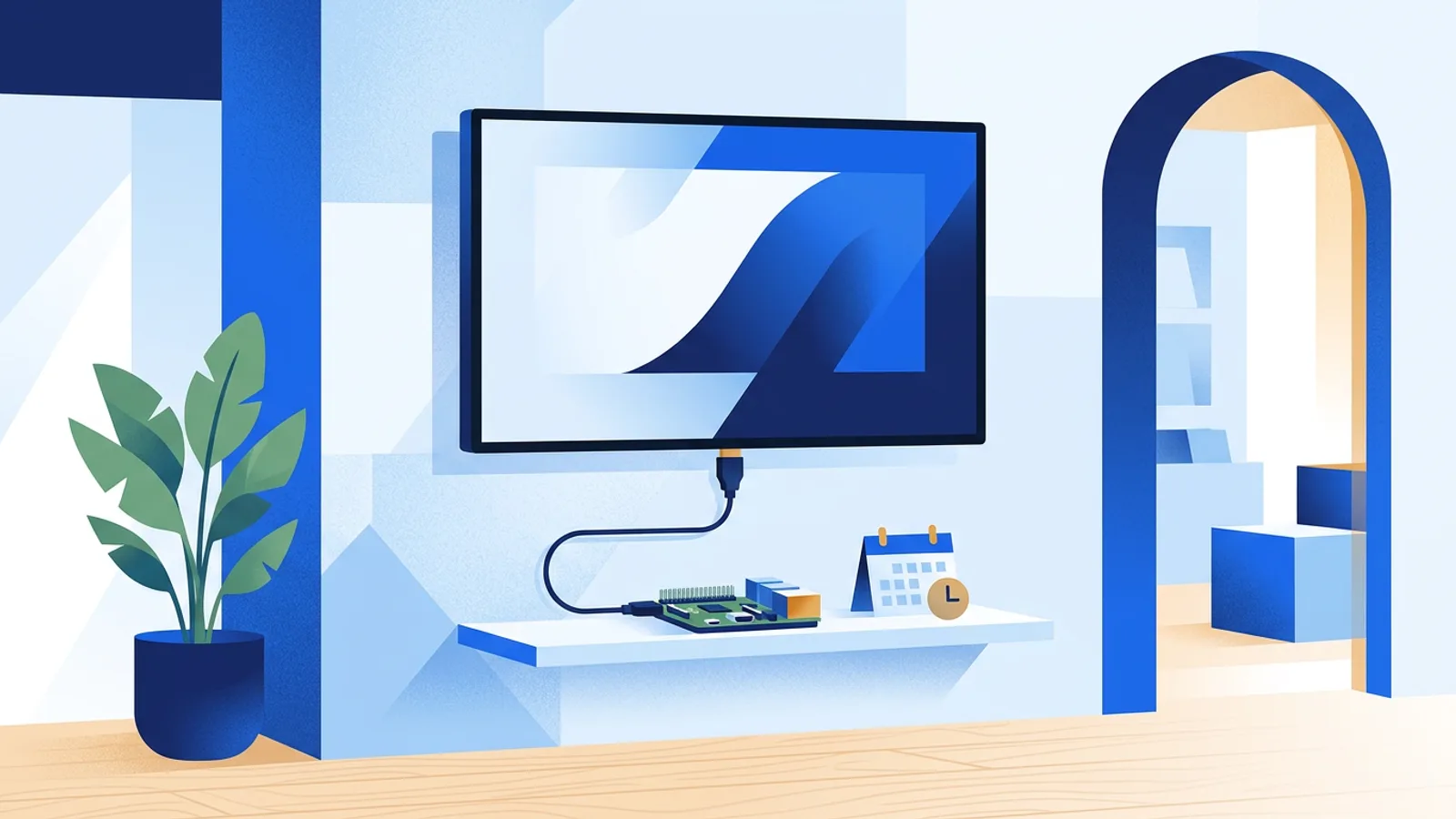 A wall-mounted TV connected to a small single-board computer via HDMI, illustrating automatic power scheduling.