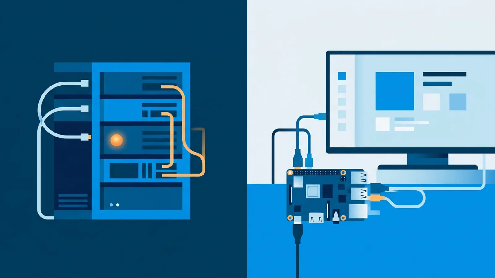 Illustration contrasting a self-hosted server rack with a Raspberry Pi connected directly to a television.