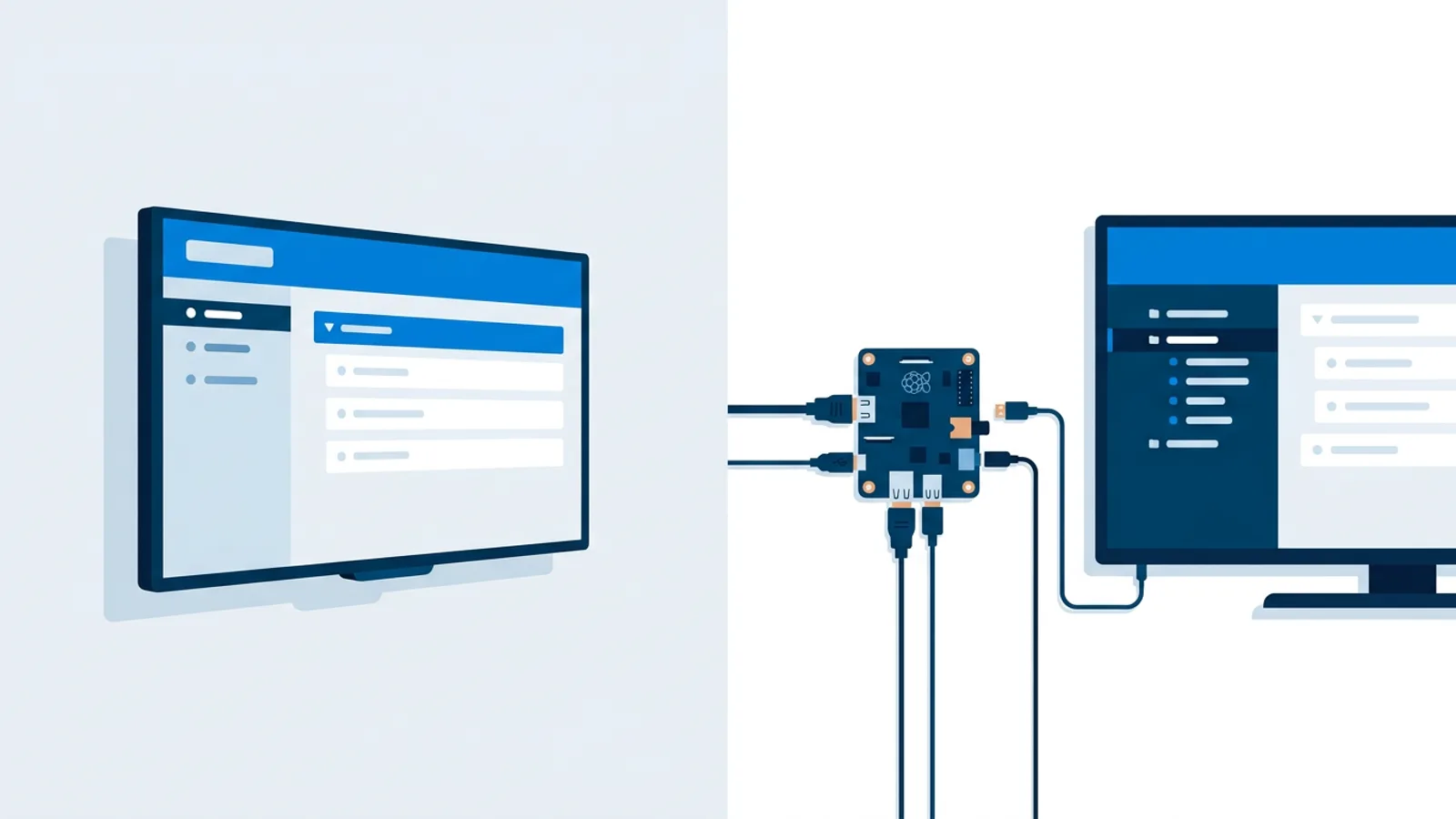 Illustration comparing a smart TV running signage directly against a Raspberry Pi board connected to a second TV for signage.