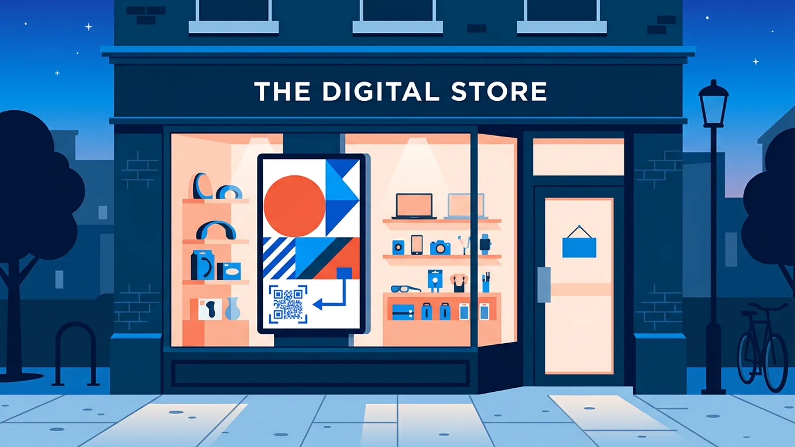 A portrait digital screen in a shop window showing a sale slide and a QR code, viewed from the street at dusk.