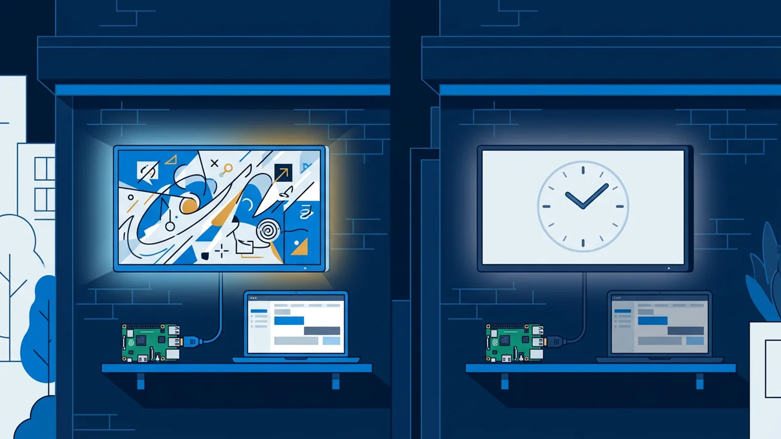 Illustration comparing a bright digital signage screen at night to the same screen in a dim standby state, with a Raspberry Pi and a schedule timeline nearby.