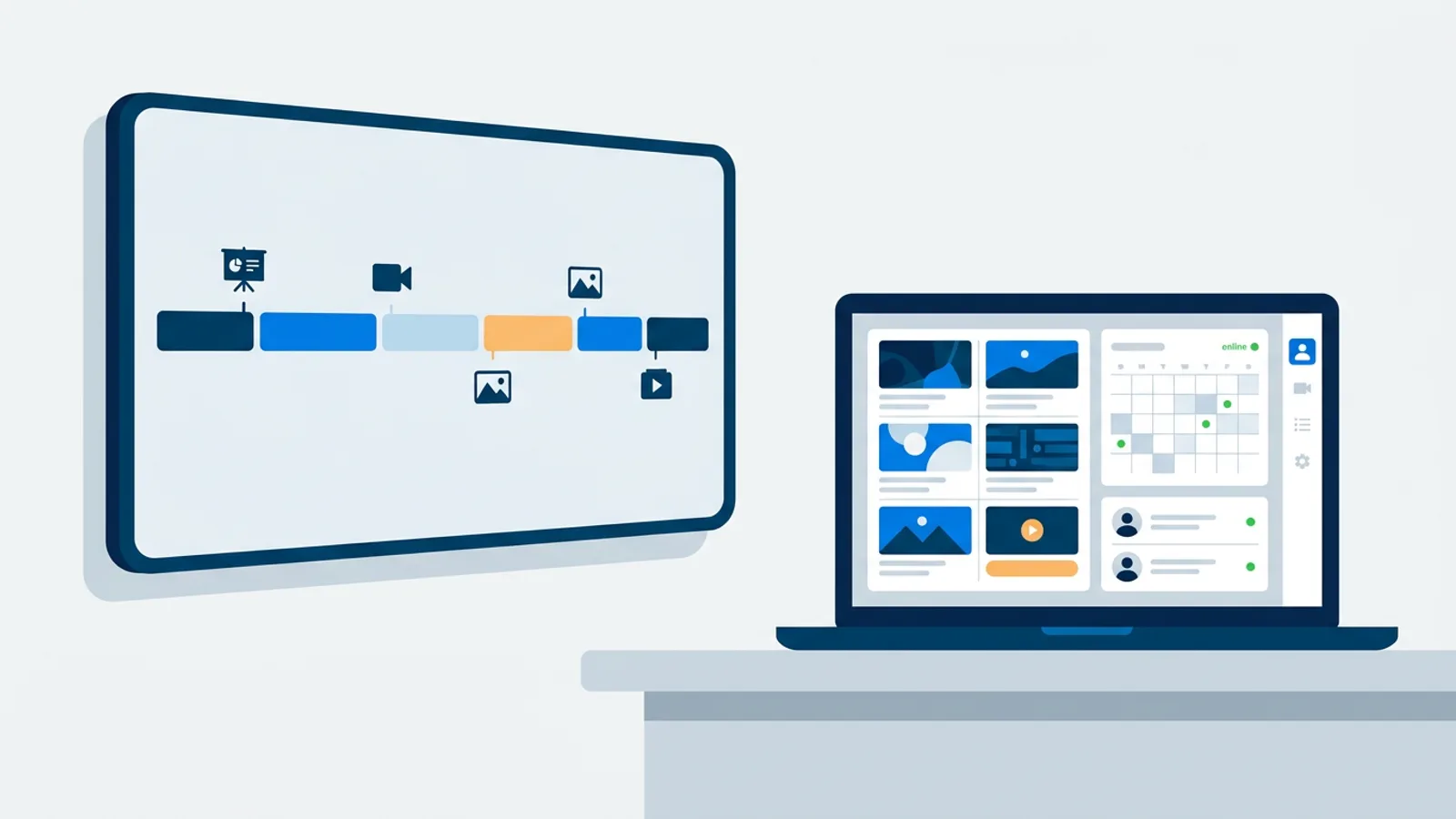 Illustration of a dashboard on a laptop screen connected to a wall-mounted TV, showing playlist tiles, a schedule grid, and screen status indicators.