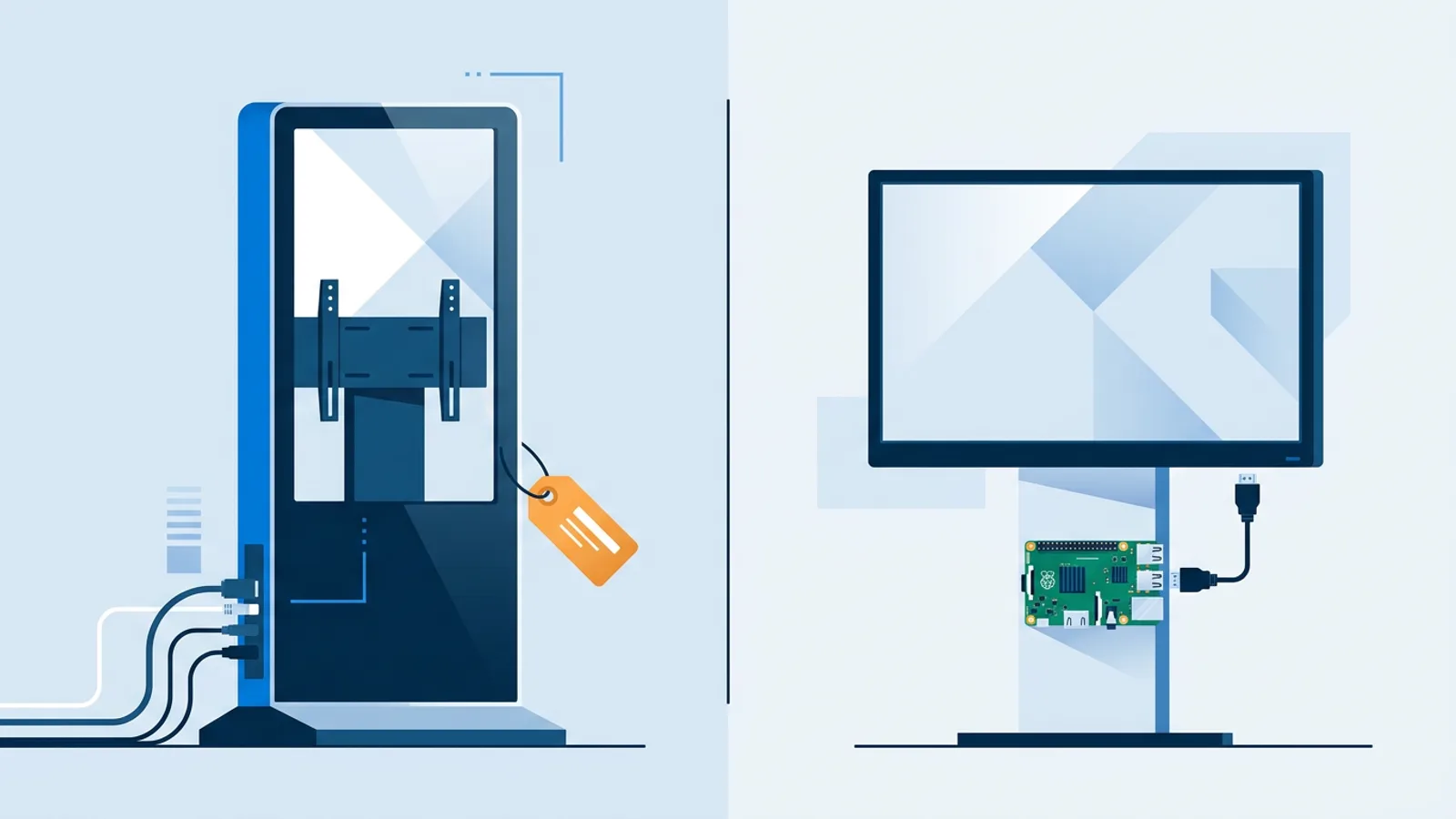Illustration contrasting a leased digital signage kiosk unit with a do-it-yourself TV and Raspberry Pi signage setup.