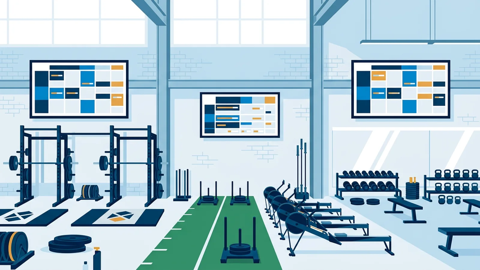 Three TV screens mounted above different training zones of a gym, each showing a class schedule with occupancy bars.